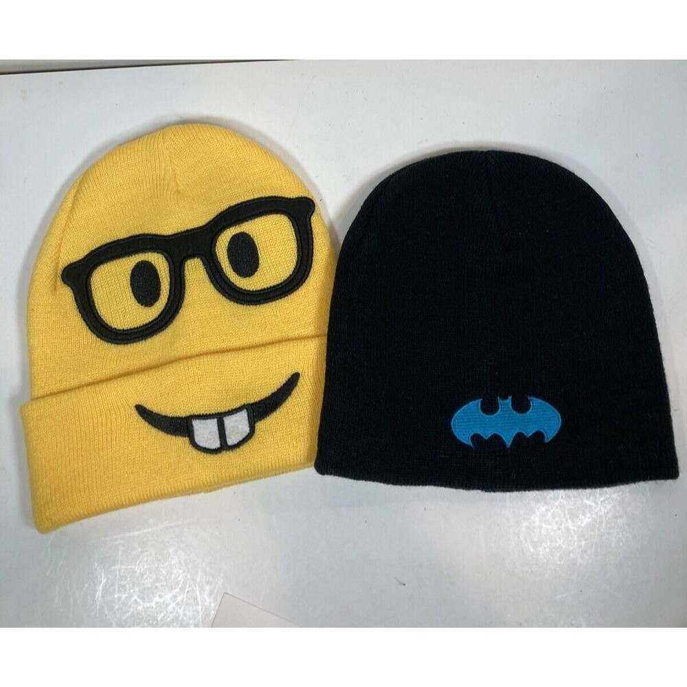 Emoji Buck Teeth W/Glasses and Batman Black Knit Hats - EUC